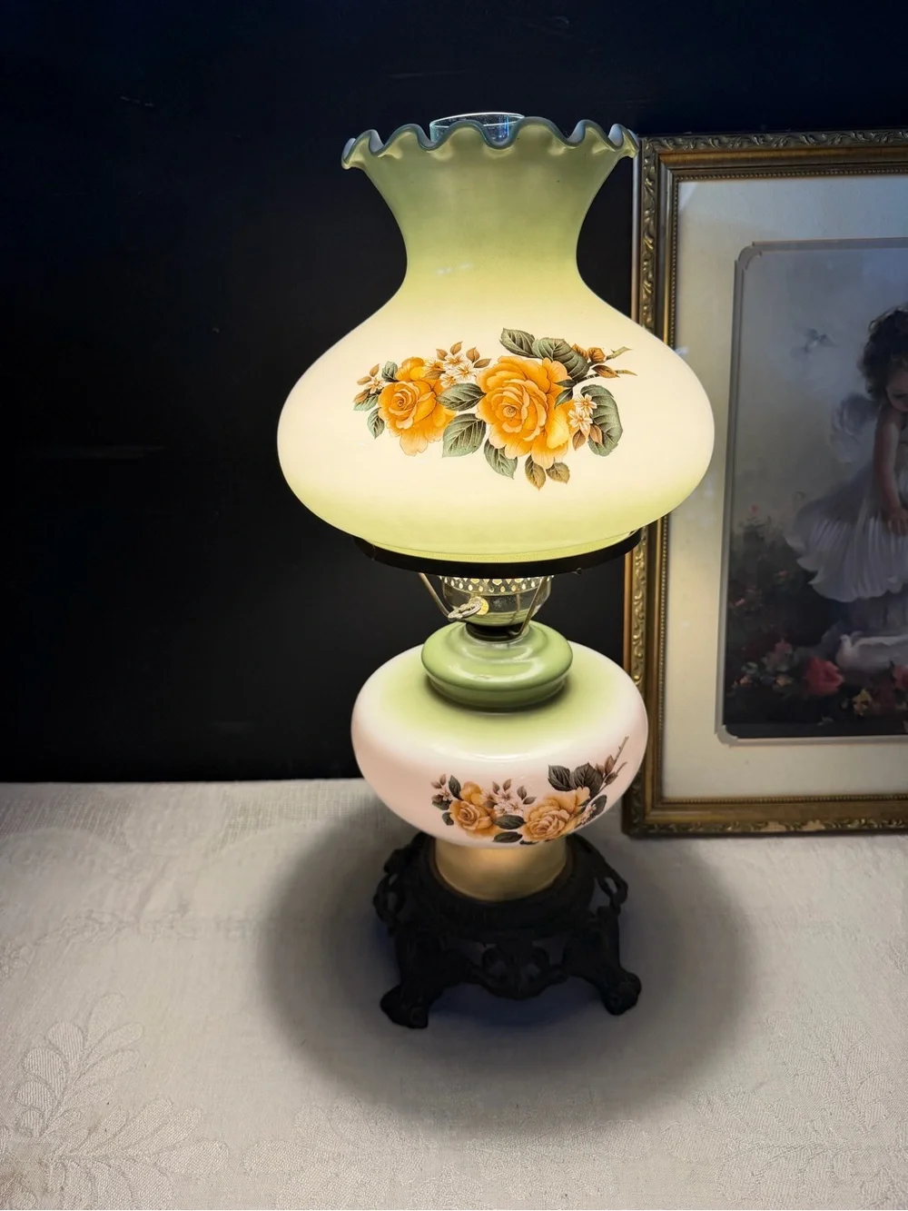 Vintage Floral Hurricane Lamp in Yellow, Green & White